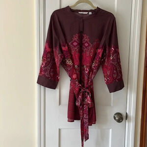 Isaac Mizrahi Live! Tunic Top Women’s 2X Paisley & Plaid Print Plum Silky Boho
